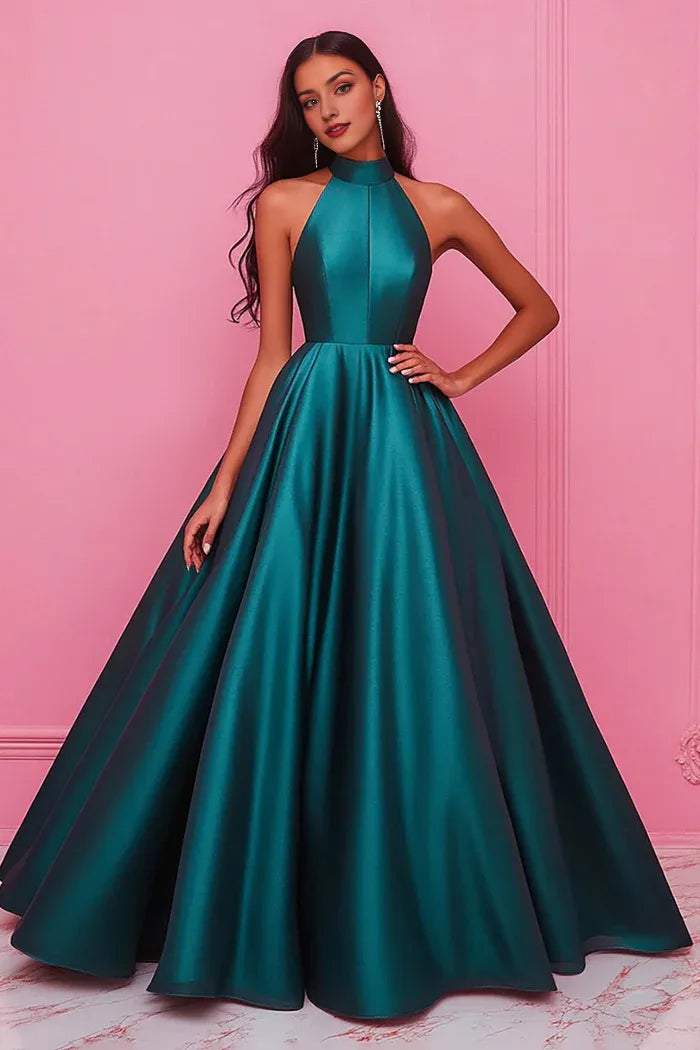 Robe de bal Weitese vert foncé, col haut, coupe trapèze, sans manches, en satin, avec lacets